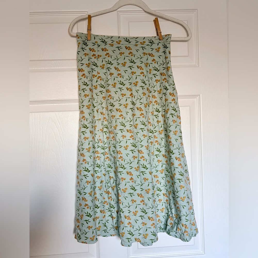 Light Teal Midi Skirt with Golden Yellow Floral Lemon Design — XS